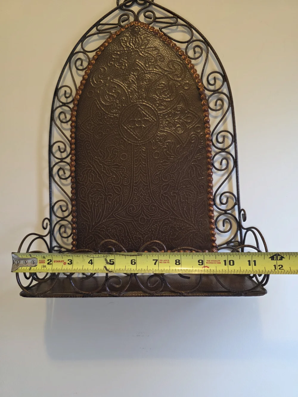 Decorative Antique Bronze & Copper Colord Metal Wall Shelf with Ornate Panel